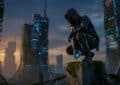 Hooded survivor with glowing device crouches on a mossy ruin, overlooking a decayed, futuristic city at dusk with blue lights.