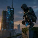 Hooded survivor with glowing device crouches on a mossy ruin, overlooking a decayed, futuristic city at dusk with blue lights.