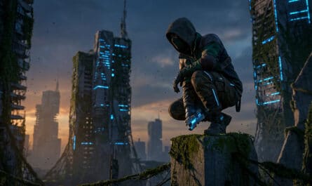 Hooded survivor with glowing device crouches on a mossy ruin, overlooking a decayed, futuristic city at dusk with blue lights.