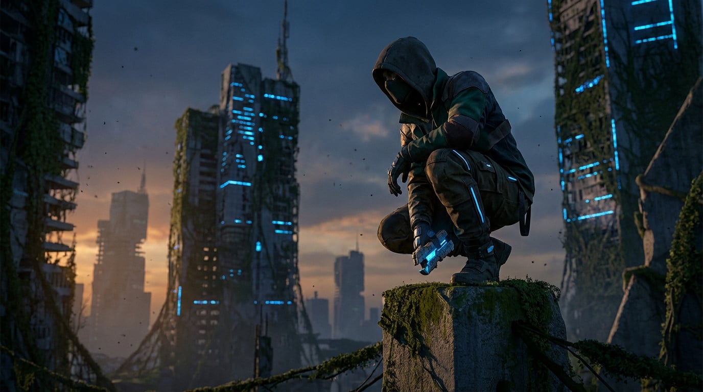 Hooded survivor with glowing device crouches on a mossy ruin, overlooking a decayed, futuristic city at dusk with blue lights.