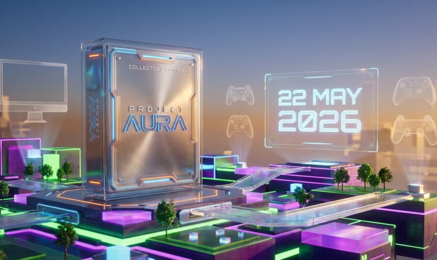 Futuristic Project Aura Collector's Edition game box on a vibrant platformer landscape, with release date 22 MAY 2026 and multi-platform icons.