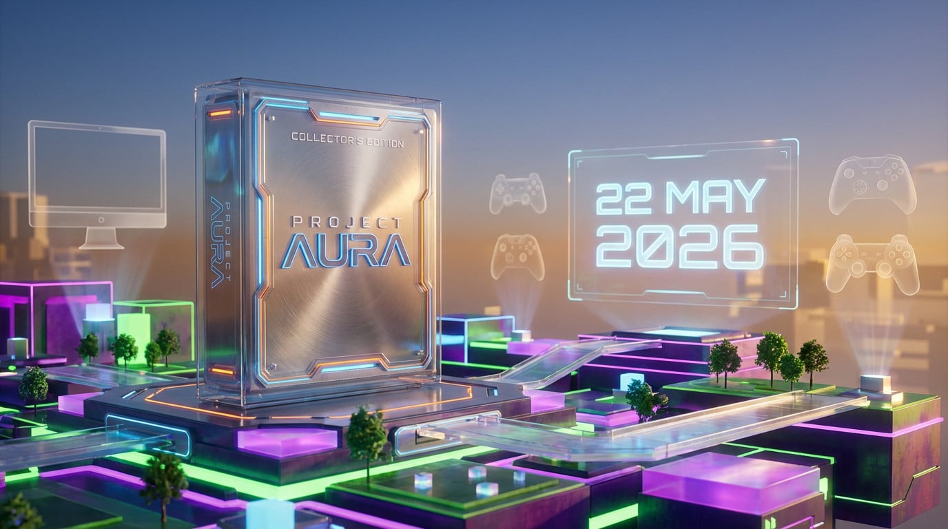 Futuristic Project Aura Collector's Edition game box on a vibrant platformer landscape, with release date 22 MAY 2026 and multi-platform icons.
