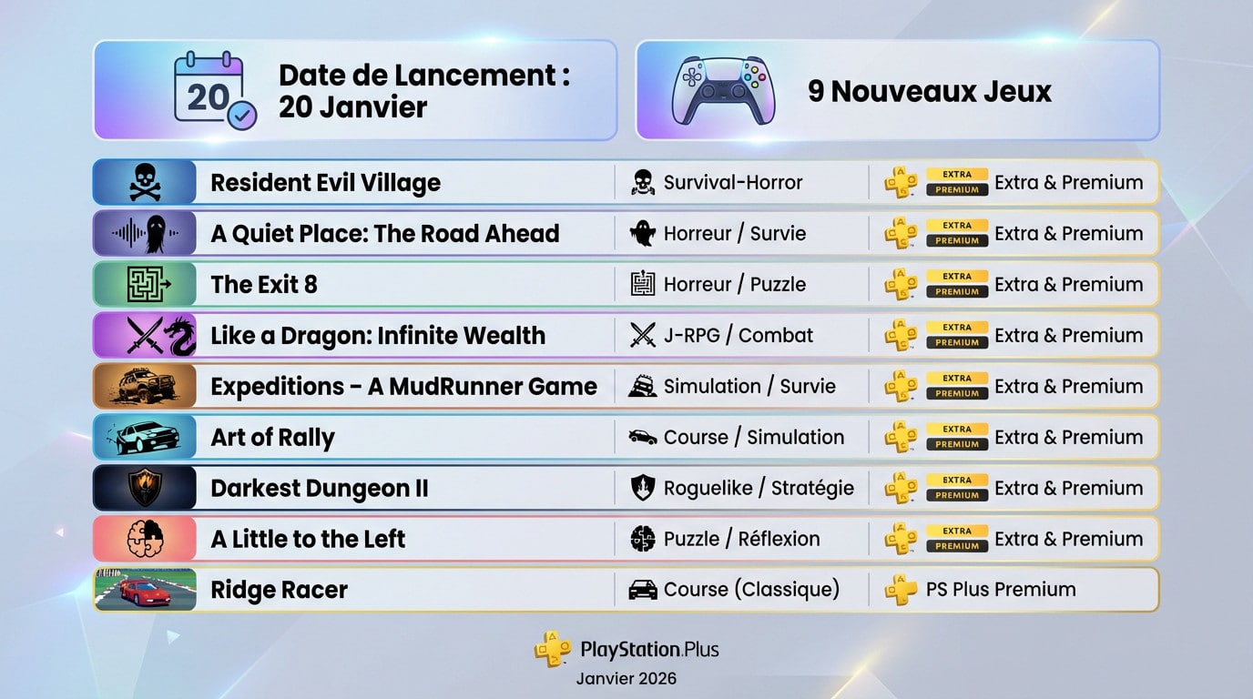 Aperçu des jeux PlayStation Plus Extra et Premium de janvier 2026 incluant Resident Evil Village et Like a Dragon