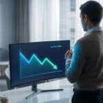 Man views a monitor displaying a "Quarterly Trend" graph with a sharp downward line in a modern office, reflecting on a setback.