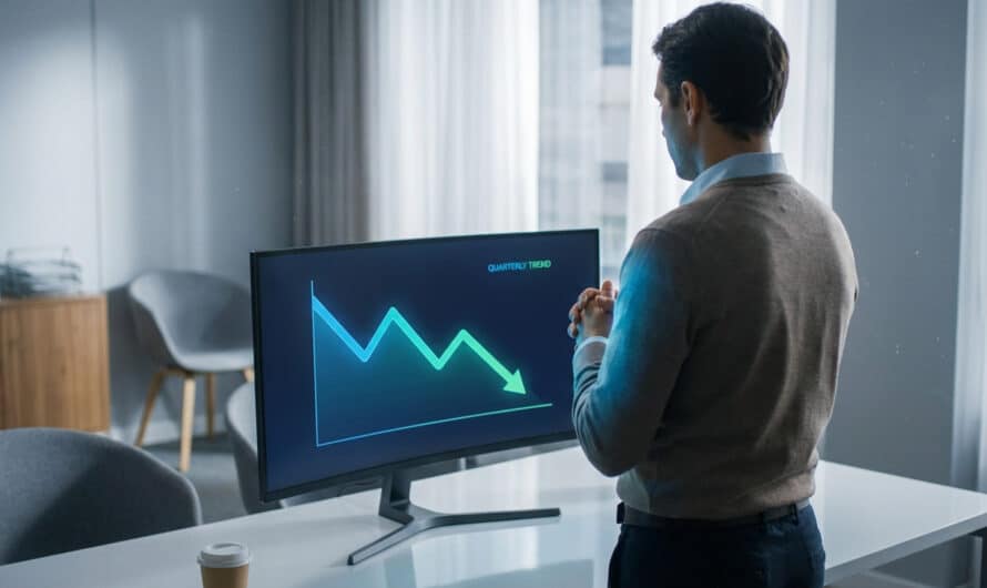 Man views a monitor displaying a "Quarterly Trend" graph with a sharp downward line in a modern office, reflecting on a setback.