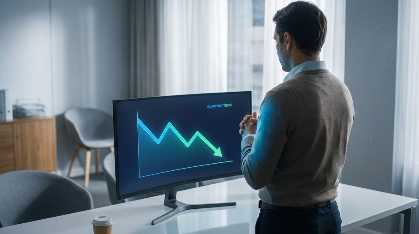 Man views a monitor displaying a "Quarterly Trend" graph with a sharp downward line in a modern office, reflecting on a setback.