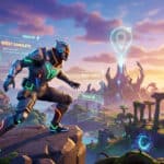 Futuristic character in colorful armor on a cliff, celebrating quest completion with glowing XP and holographic markers in a vibrant island.