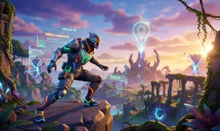 Futuristic character in colorful armor on a cliff, celebrating quest completion with glowing XP and holographic markers in a vibrant island.
