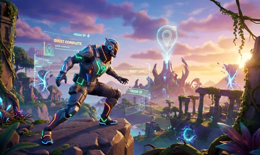 Futuristic character in colorful armor on a cliff, celebrating quest completion with glowing XP and holographic markers in a vibrant island.