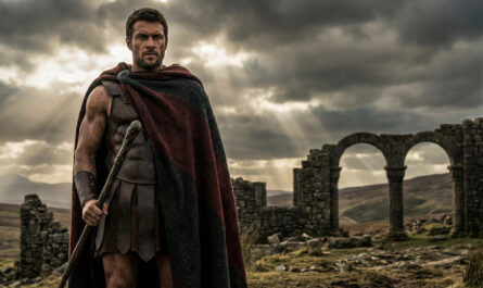 A muscular man in ancient attire, red and grey cloak, stands confidently in rugged ruins under a dramatic, light-shafted sky.