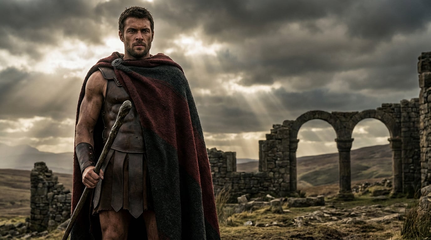 A muscular man in ancient attire, red and grey cloak, stands confidently in rugged ruins under a dramatic, light-shafted sky.