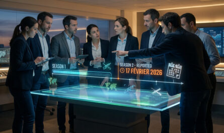 Un groupe en tenue décontractée smart analyse un calendrier holographique affichant la Saison 2 reportée au 17 Février 2026 dans une salle de contrôle high-tech.