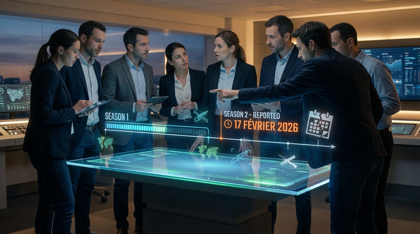 Un groupe en tenue décontractée smart analyse un calendrier holographique affichant la Saison 2 reportée au 17 Février 2026 dans une salle de contrôle high-tech.