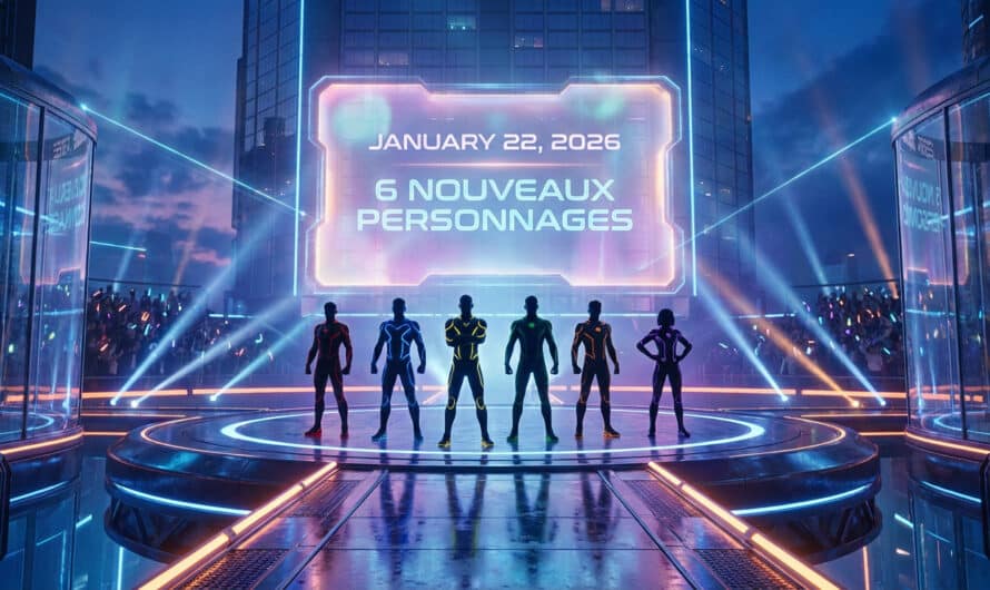 Six figures en tenue athlétique futuriste sur scène néon, arène urbaine. Écran holographique: 'JANUARY 22, 2026', '6 NOUVEAUX PERSONNAGES'.