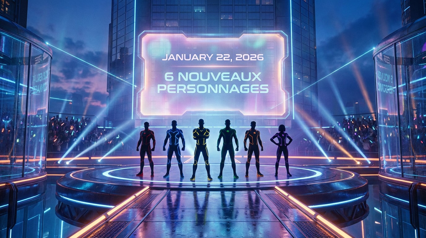 Six figures en tenue athlétique futuriste sur scène néon, arène urbaine. Écran holographique: 'JANUARY 22, 2026', '6 NOUVEAUX PERSONNAGES'.