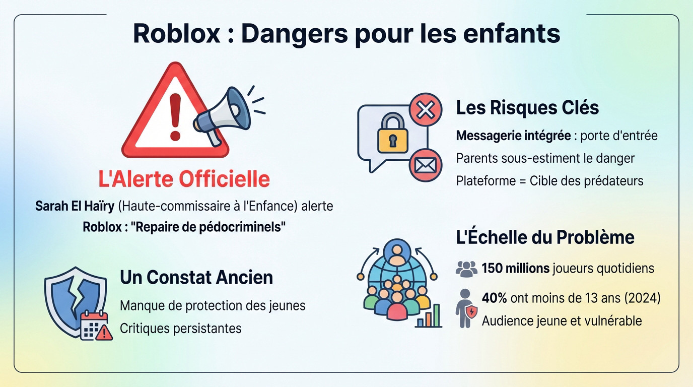 Infographie détaillant les risques de prédation sur Roblox pour les enfants
