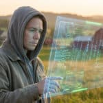 Figure in hoodie interacts with glowing blue-green holographic schematics against a blurred golden rural landscape at sunset.