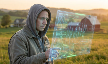 Figure in hoodie interacts with glowing blue-green holographic schematics against a blurred golden rural landscape at sunset.