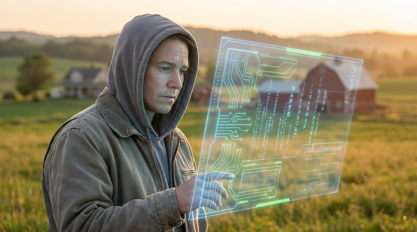 Figure in hoodie interacts with glowing blue-green holographic schematics against a blurred golden rural landscape at sunset.
