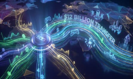 SGG digital nexus on a global map, radiating data streams, currency, and gaming elements, symbolizing a $12B transfer.