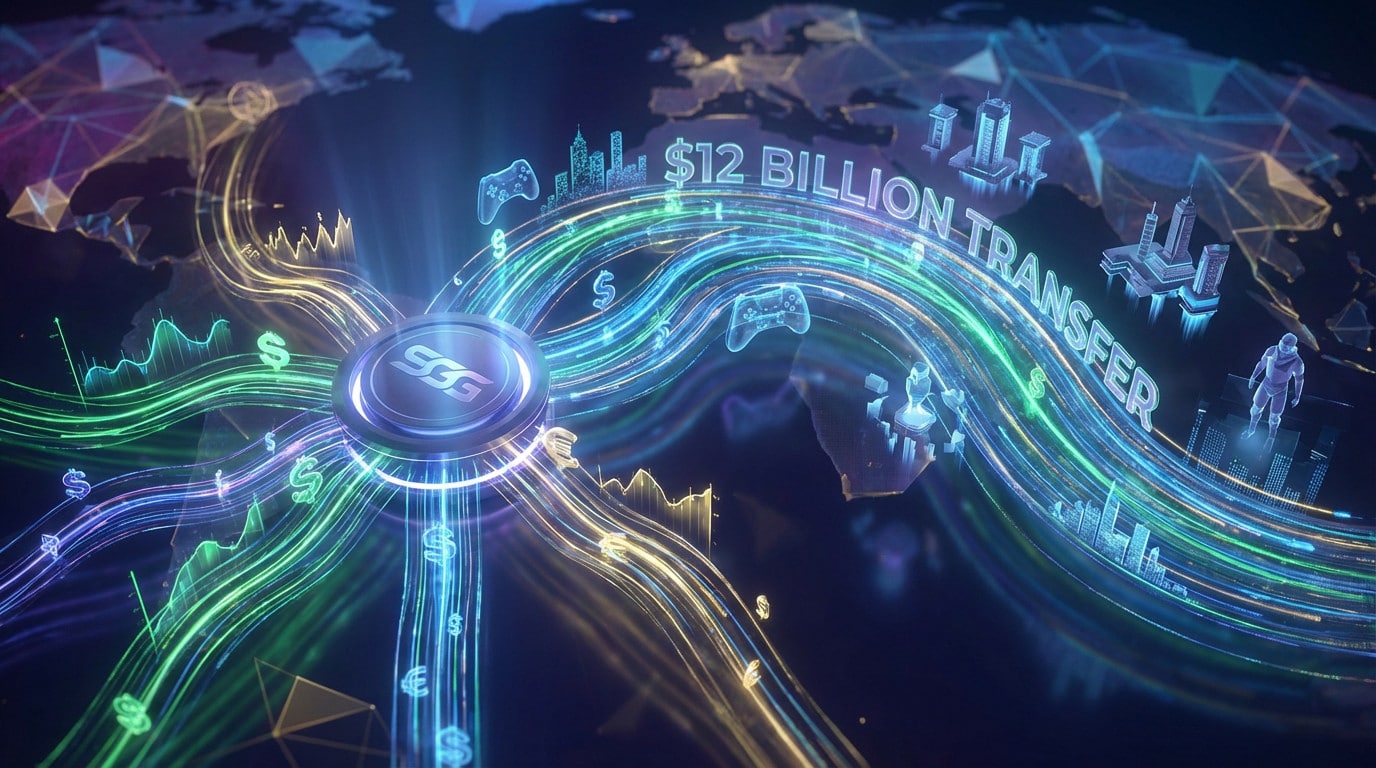 SGG digital nexus on a global map, radiating data streams, currency, and gaming elements, symbolizing a $12B transfer.