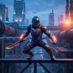 Photorealistic sci-fi warrior in glowing armor and weapon, crouched on a platform in a vast, dark industrial cityscape.