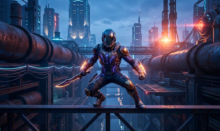 Photorealistic sci-fi warrior in glowing armor and weapon, crouched on a platform in a vast, dark industrial cityscape.
