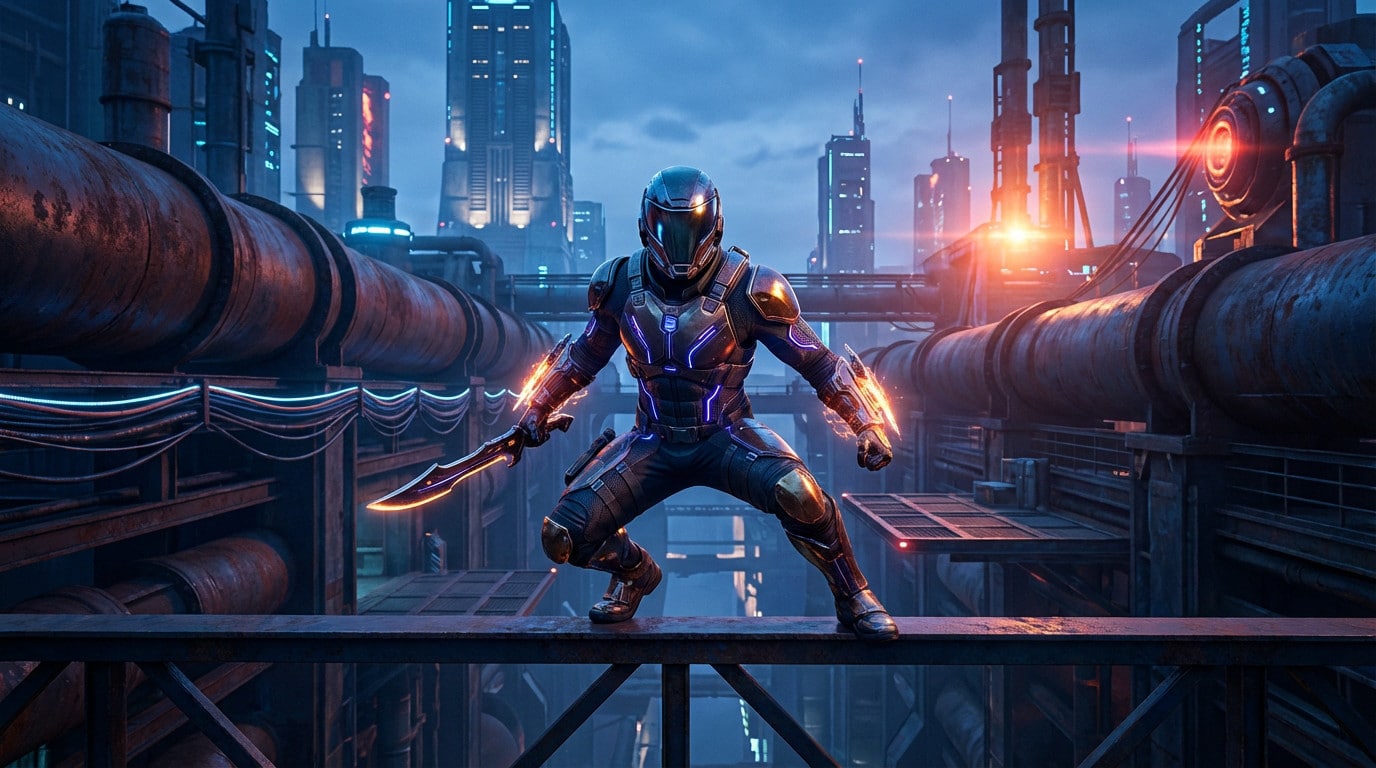 Photorealistic sci-fi warrior in glowing armor and weapon, crouched on a platform in a vast, dark industrial cityscape.