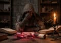 Hooded figure in fantasy attire, head in hands, despairs over a shattered, glowing red vial and burnt scroll on a dark table.