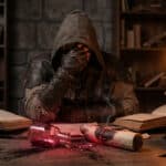 Hooded figure in fantasy attire, head in hands, despairs over a shattered, glowing red vial and burnt scroll on a dark table.