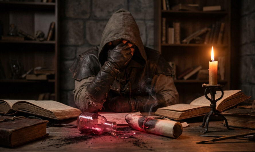 Hooded figure in fantasy attire, head in hands, despairs over a shattered, glowing red vial and burnt scroll on a dark table.