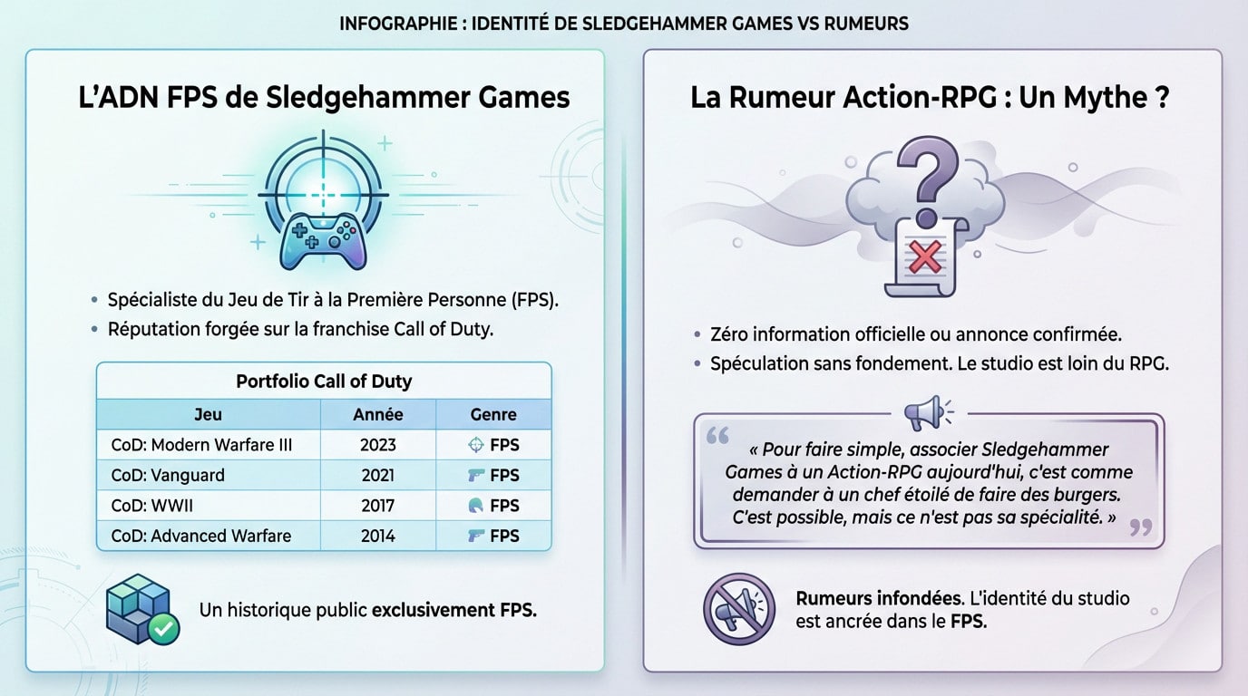 Comparaison visuelle entre l'identité FPS de Sledgehammer Games et les rumeurs infondées de RPG