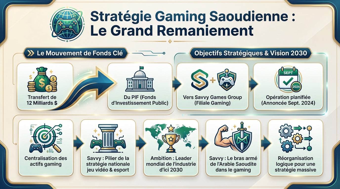 Illustration de la stratégie gaming saoudienne et du transfert d'actifs vers Savvy Games Group