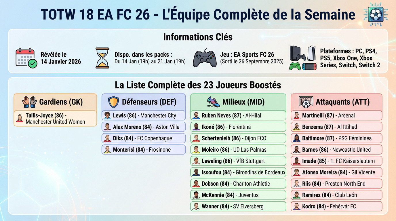 Aperçu des joueurs stars de la TOTW 18 sur EA Sports FC 26 avec Benzema et Martinelli