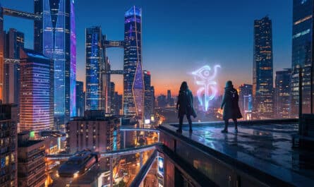 Two figures on a futuristic rooftop overlook a vibrant, neon-lit cityscape at twilight, facing a floating blue-purple supernatural symbol.