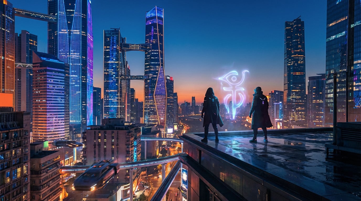 Two figures on a futuristic rooftop overlook a vibrant, neon-lit cityscape at twilight, facing a floating blue-purple supernatural symbol.