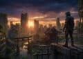 Lone figure in futuristic armor on a ruined platform, overlooking a vast, overgrown Japanese city at sunset, blending traditional and modern ruins.
