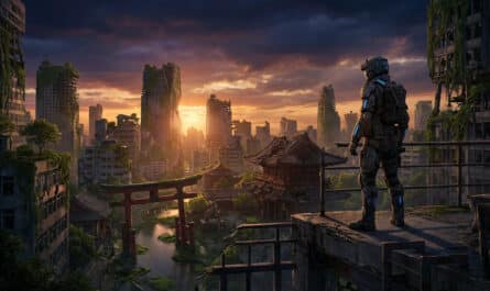 Lone figure in futuristic armor on a ruined platform, overlooking a vast, overgrown Japanese city at sunset, blending traditional and modern ruins.