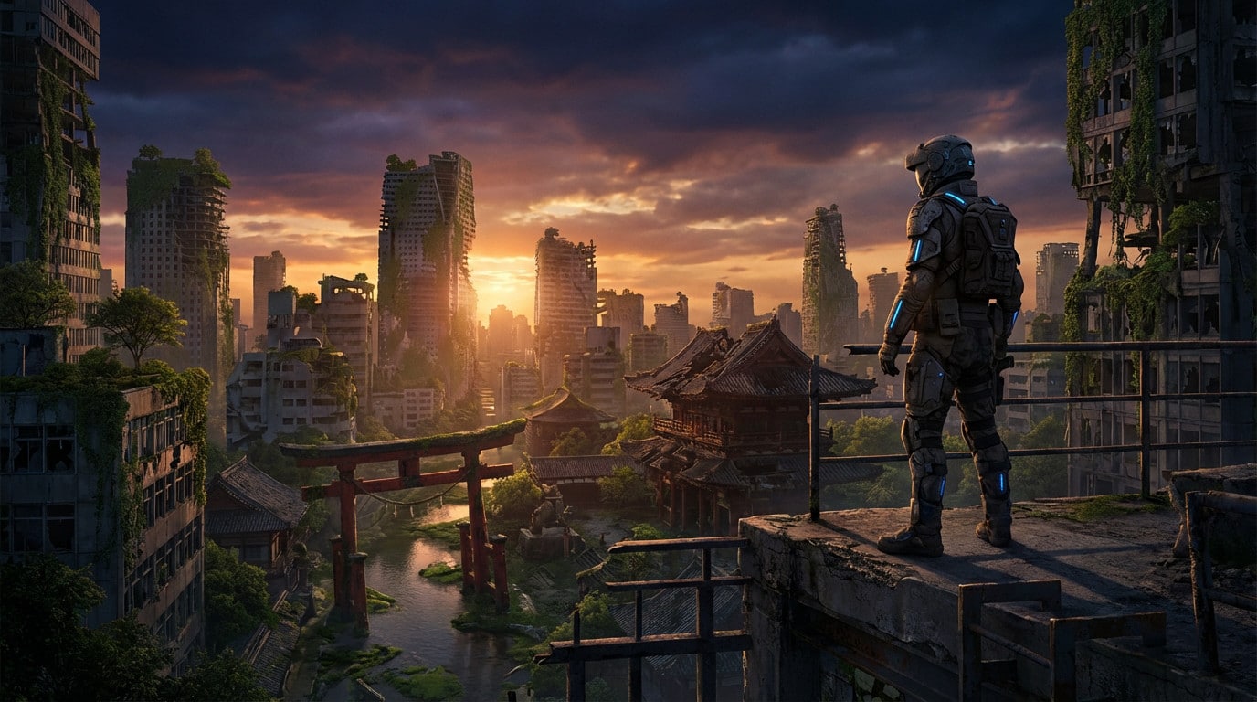 Lone figure in futuristic armor on a ruined platform, overlooking a vast, overgrown Japanese city at sunset, blending traditional and modern ruins.