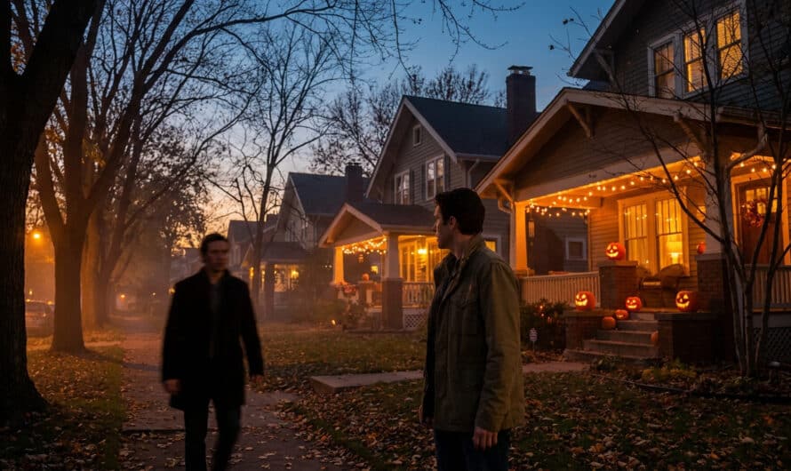 Suburban Halloween street at dusk. One man looks thoughtfully at another emerging from hazy shadows amidst glowing pumpkins and string lights.