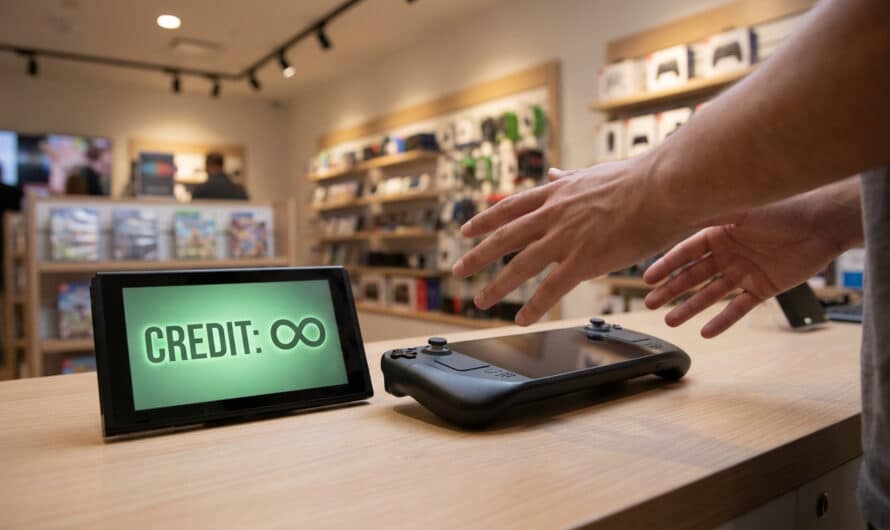 Hands hover over a dark gaming console and a screen showing 'CREDIT: ∞' on a light counter in a blurred game store.
