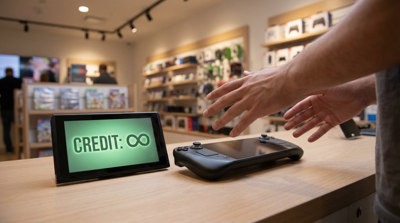 Hands hover over a dark gaming console and a screen showing 'CREDIT: ∞' on a light counter in a blurred game store.