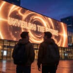 Two young adults stand at dusk, gazing at a huge glowing screen in an urban setting displaying 'UNVEILING THE FUTURE' with swirling orange light.
