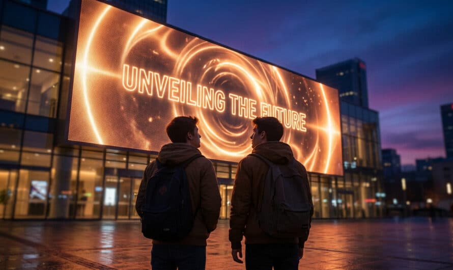 Two young adults stand at dusk, gazing at a huge glowing screen in an urban setting displaying 'UNVEILING THE FUTURE' with swirling orange light.