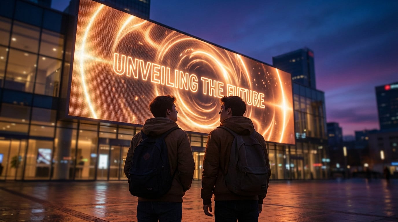 Two young adults stand at dusk, gazing at a huge glowing screen in an urban setting displaying 'UNVEILING THE FUTURE' with swirling orange light.