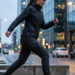 Detailed image of a woman in dark practical gear, mid-stride in a confident pose on a wet city street, blurred urban background.