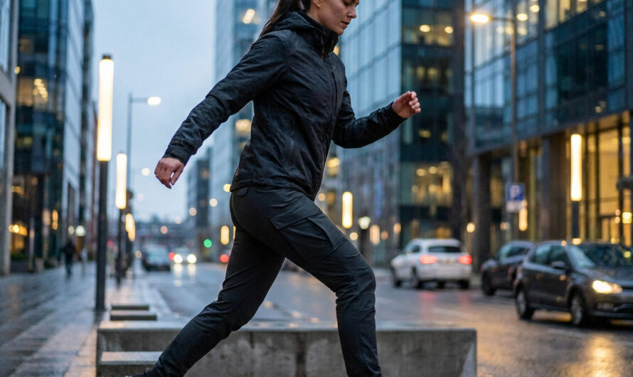 Detailed image of a woman in dark practical gear, mid-stride in a confident pose on a wet city street, blurred urban background.