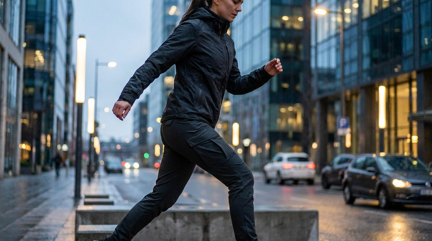 Detailed image of a woman in dark practical gear, mid-stride in a confident pose on a wet city street, blurred urban background.