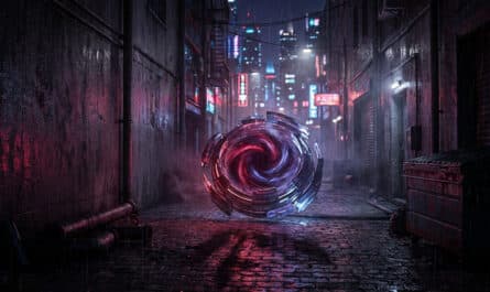 Dimly lit, rain-slicked urban alley at night with a glowing, swirling crimson and blue abstract device on wet pavement.