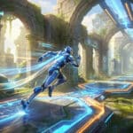 Blue cybernetic runner dashes through ancient ruins with glowing futuristic paths and holographic RPG interface elements.